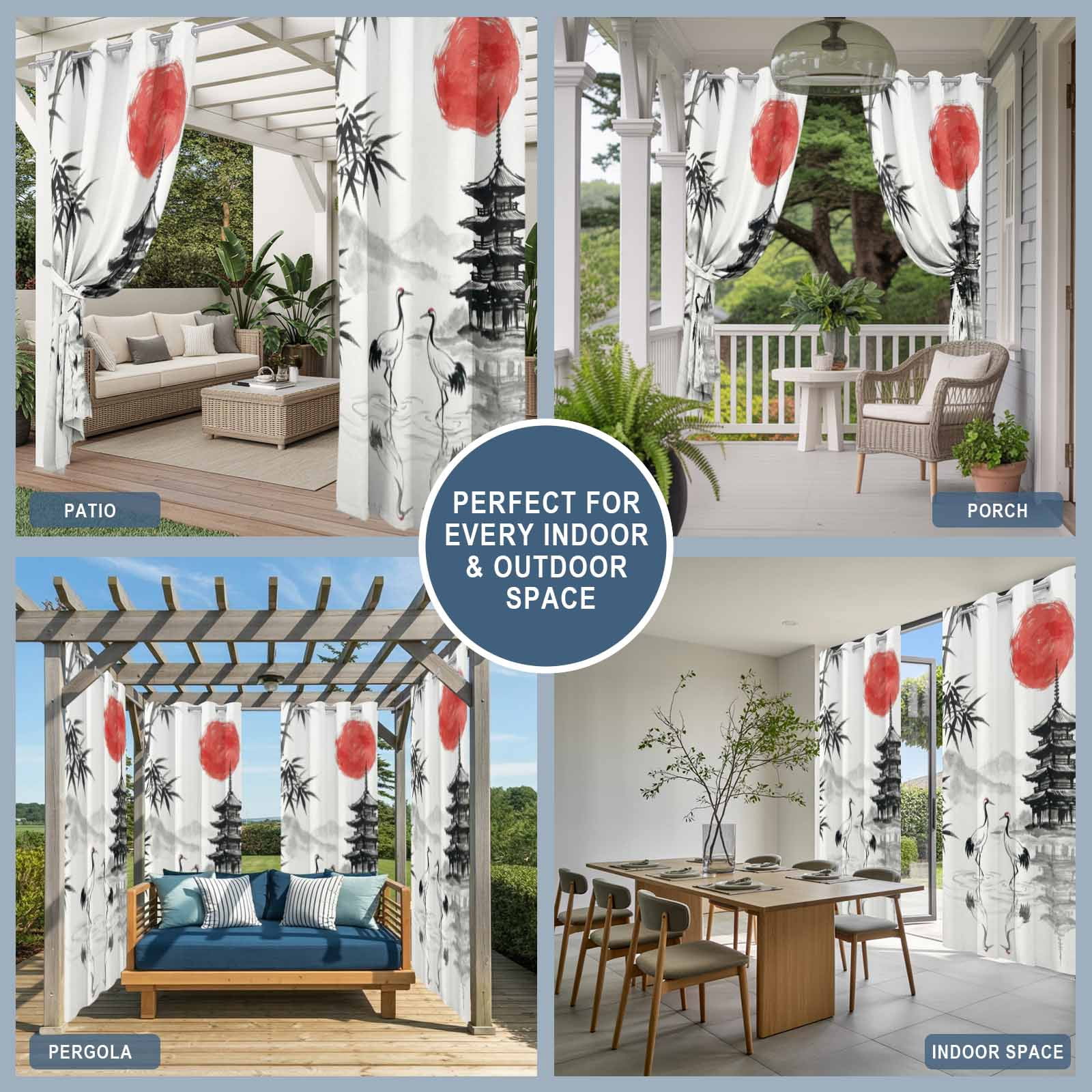 White Crane Outdoor Curtains for Patio, Ink Wash Gray Black Bamboos Trees Japanese Pagoda Red Sun Sunshade Privacy Drapes Grommet Waterproof Outside Curtains for Porch Balcony 54"x108", 1 Panel