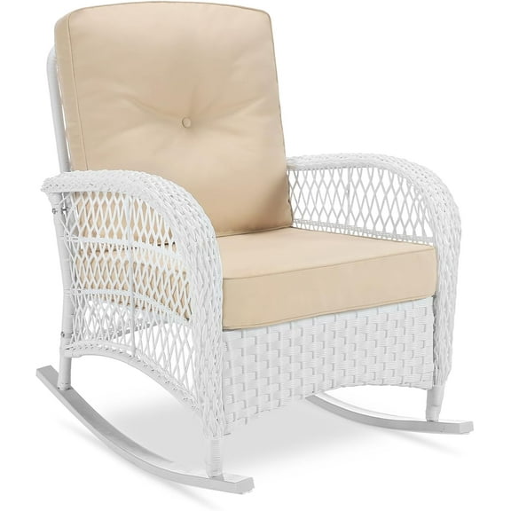 VIVIJASON Outdoor Wicker Rocking Chair, Patio Rattan Rocker Chair with Cushions & Steel Frame, All-Weather Rocking Lawn Wicker Furniture for Garden Backyard Porch (White Wicker/Beige)