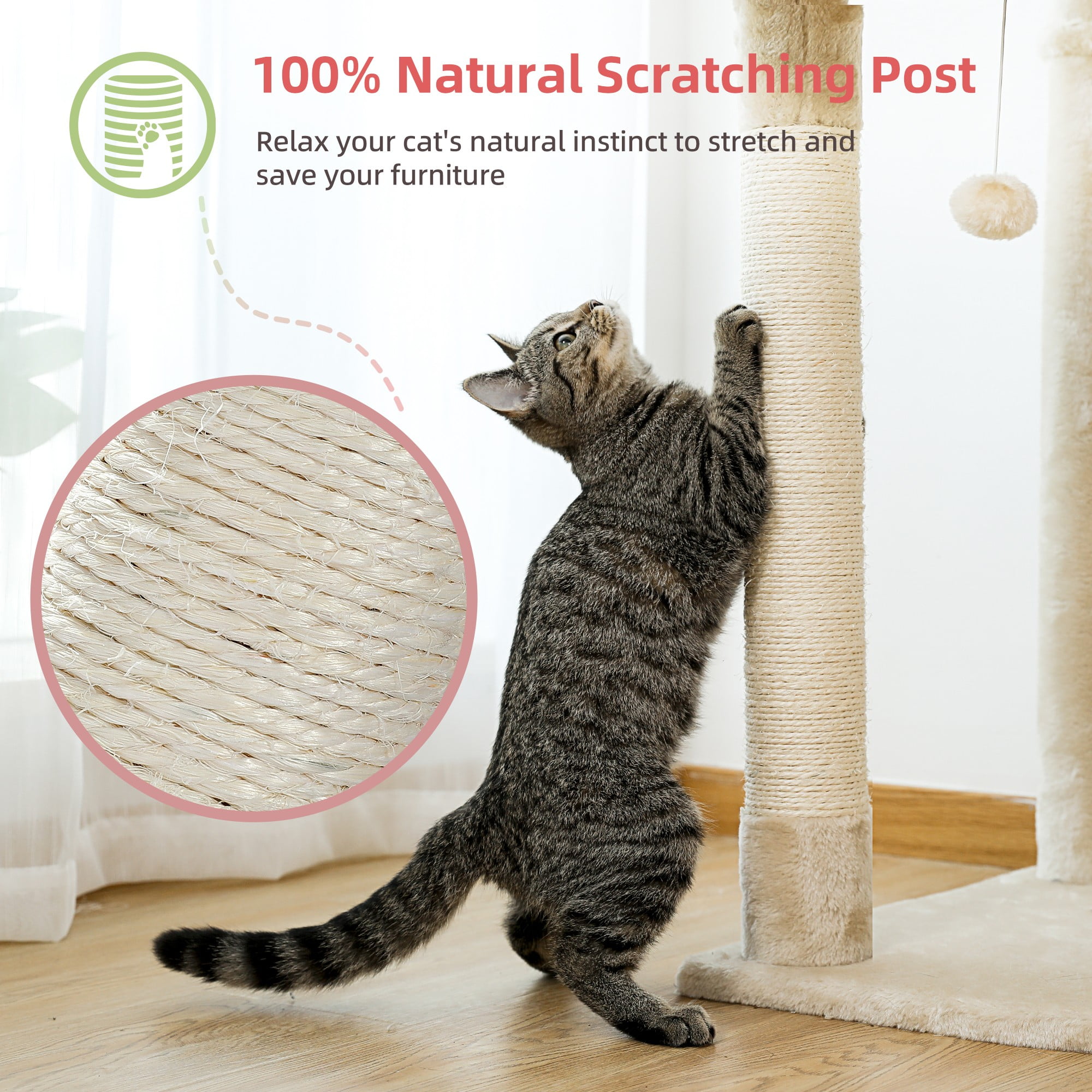 Kadyn Floor to Ceiling Cat Tree for Indoor 92"-101" Height Adjustable Cat Tower, Kitty Climbing Play House with Cozy Cat Condo, Perches and Hammock, Beige