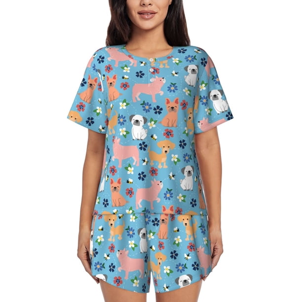 Fotbe Cute Dog Conjunto de Pijama Estampado para Mujer, 2 Piezas, Ropa de Dormir con Camiseta de Manga Corta y Shorts Suaves-X-Large