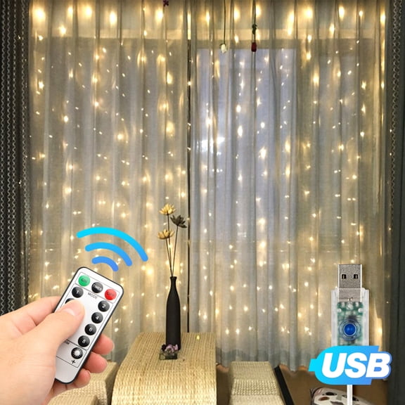 EEEkit 300 LED Window Curtain String Light,Twinkle Starry Lights,8 Lighting Modes,with Remote Control Timer for Chritmas Wedding Party Home Garden Bedroom Outdoor Indoor Decoration, Warm White