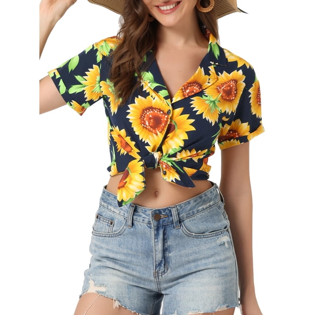 CAMISAS DE MUJER INSPIRADORAS CHIC HAWAIANAS DE MANGA CORTA TROPICAL FLORAL CON BOTONES XL GIRASOL