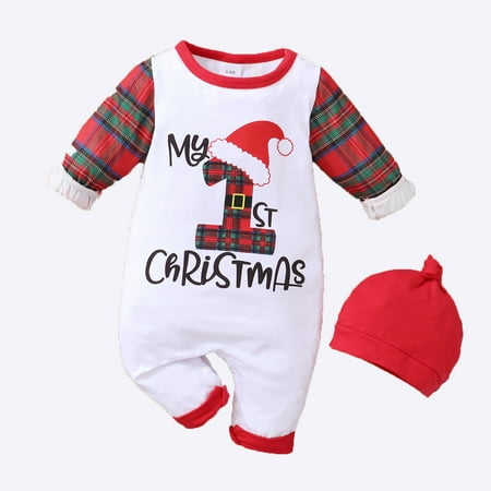 

NZRVAWS Newborn Baby Boys Outfits Round Neck Letter Print Long Sleeve Romper+Hat 2Pcs Clothes Set 6-9 Months White