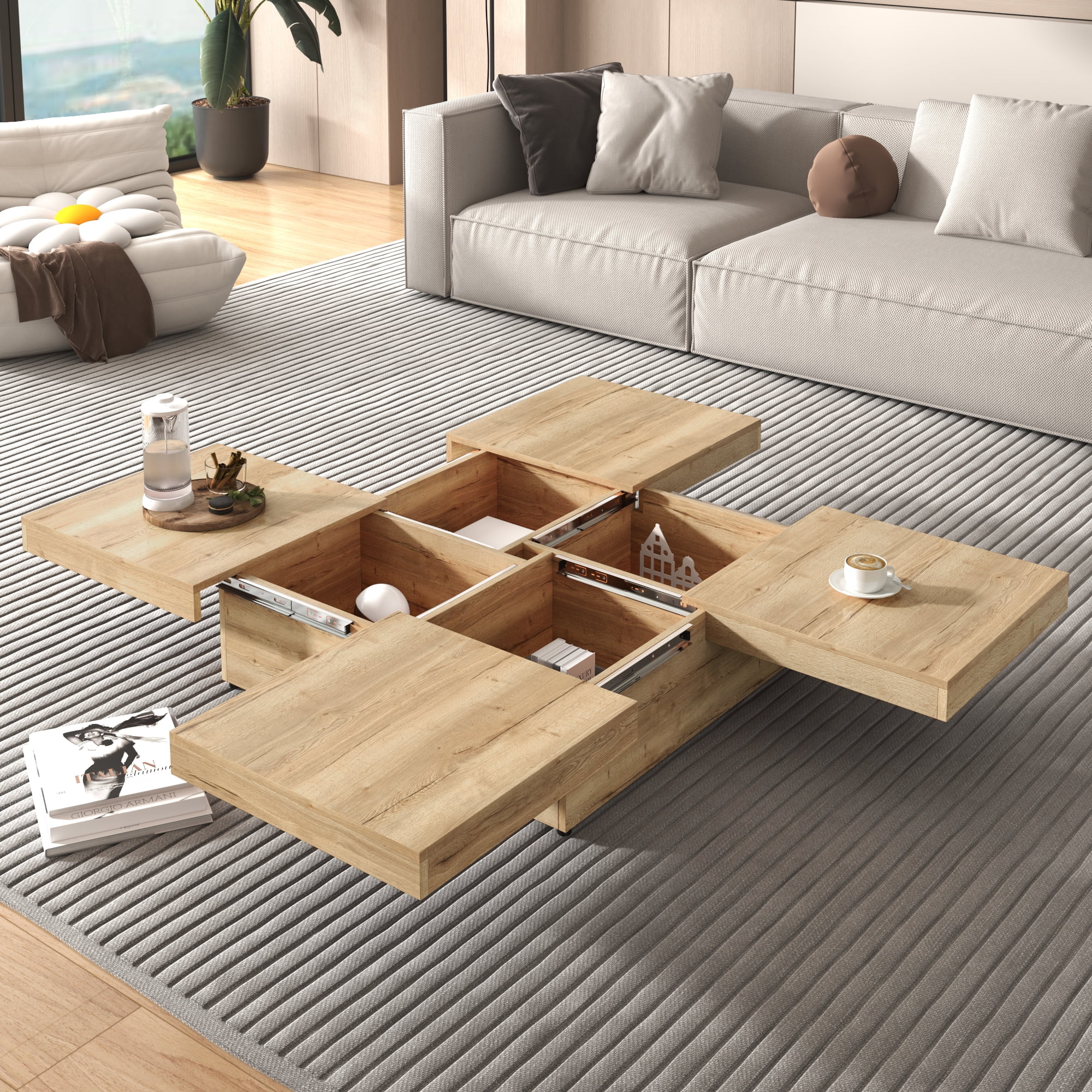 Euroco Square Veneer Coffee Table Sliding Top with Storage in Natural Wood Grain 39.4''
