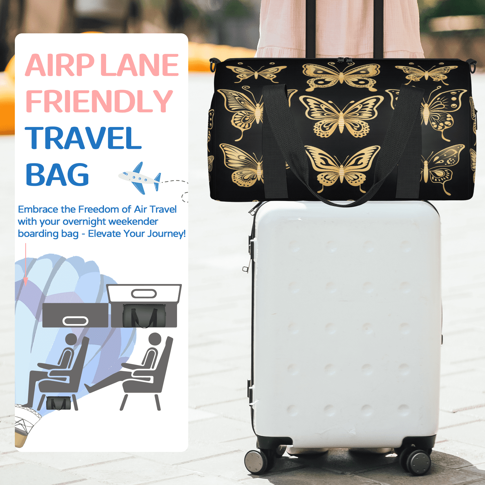 Herdesigns Gold Butterfly Travel Duffle Bag Sports Yoga Weekender Overnight Carry on Workout Bags Lightweight Waterproof Gym Tote Bag for Women