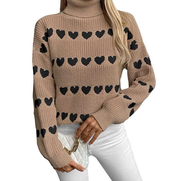 Sweaters for Women Trutleneck Valentine's Day Heart Knit Sweater Casual Ribbed Long Sleeve Knitted Pullover Sweater Alsol Lamesa