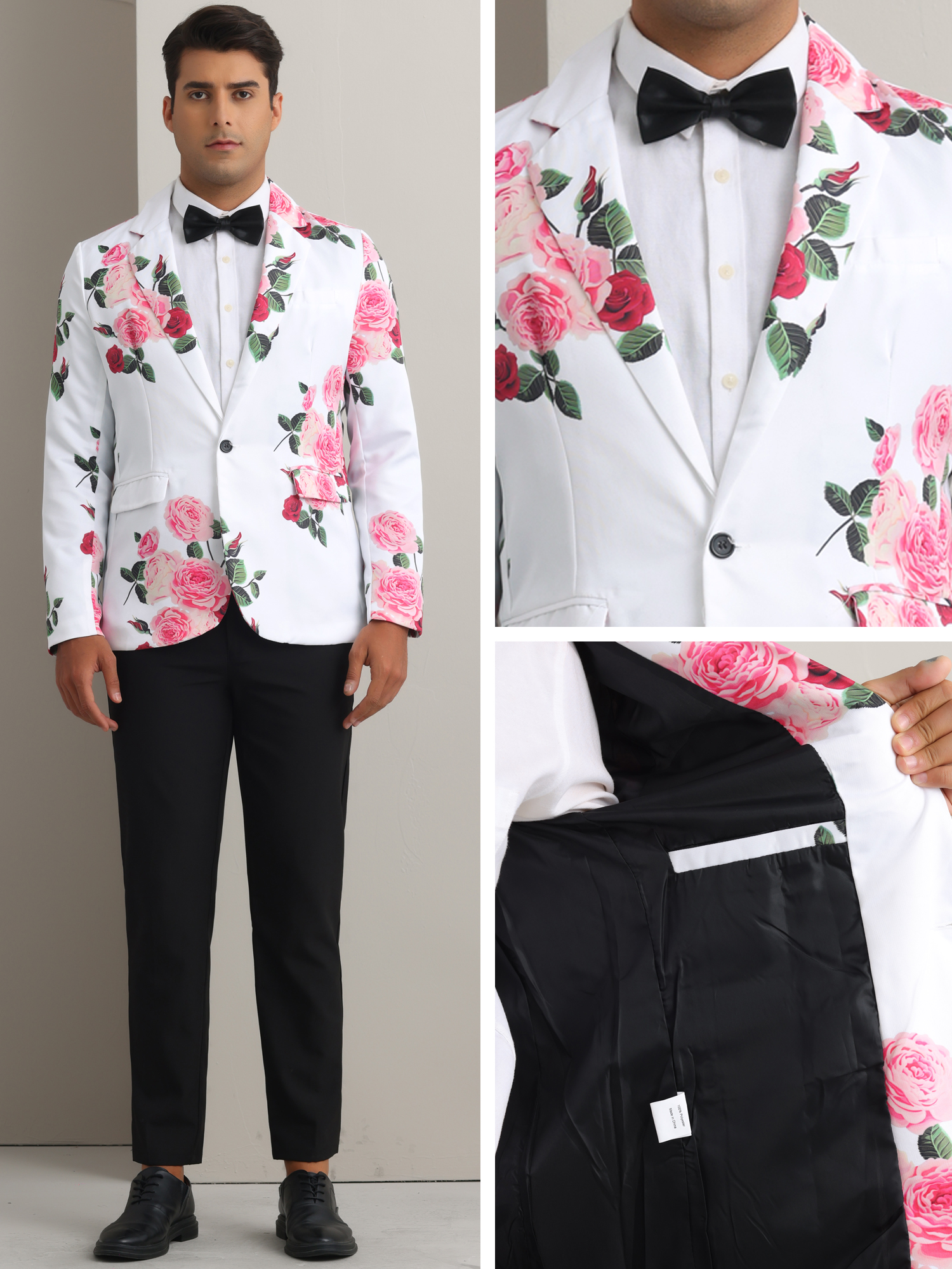 DARING DIVA Men's Floral Slim Fit Party Prom Flower Printed Blazers Suit Jacket L White
