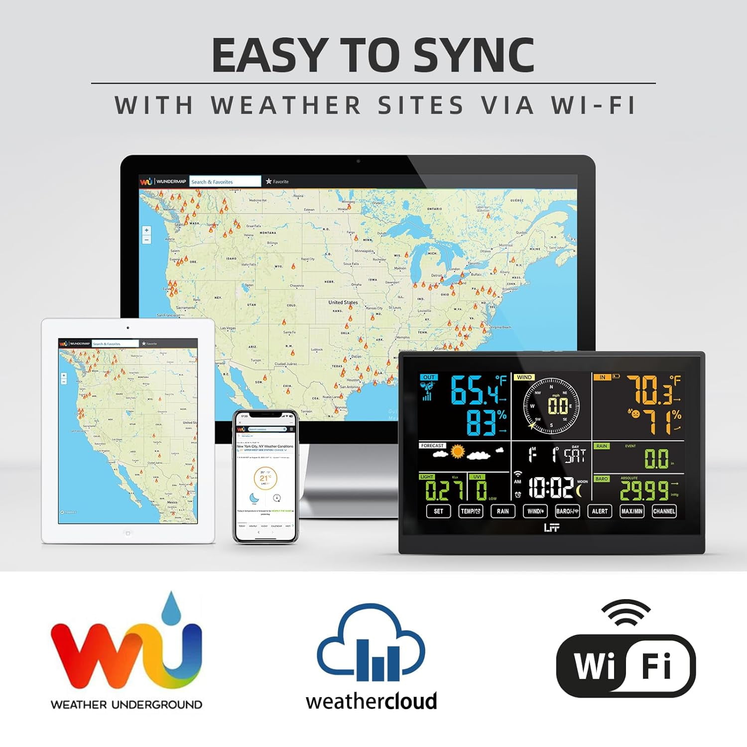 LFF Weather Station, with Outdoor Sensor, Wireless Weather Station with Rain Gauge, UV Index, Wind Speed/Direction, Weather Forecast, Barometer, WiFi Weather Station with 4-Level Adjustable Backlight