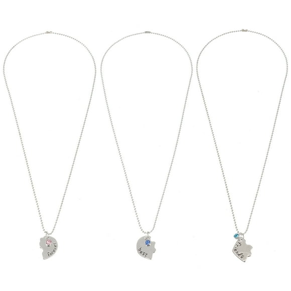 KAKOWELY Silver Tone Alloy Rhinestone Forever Necklace Engraved Puzzle Friendship Pendant Necklaces Set,1.1"X1.1"X0.08"