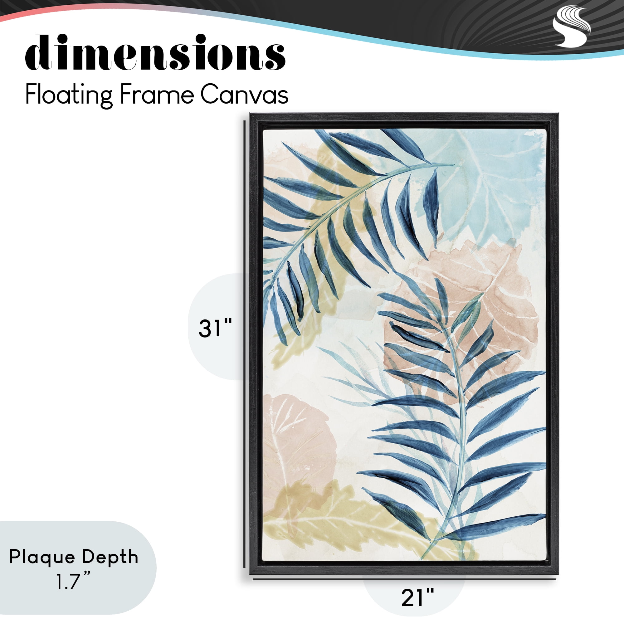 Stupell Industries Blue Palm Fronds in Pastel Haze Black Framed Floater Canvas Wall Art, design by Nan