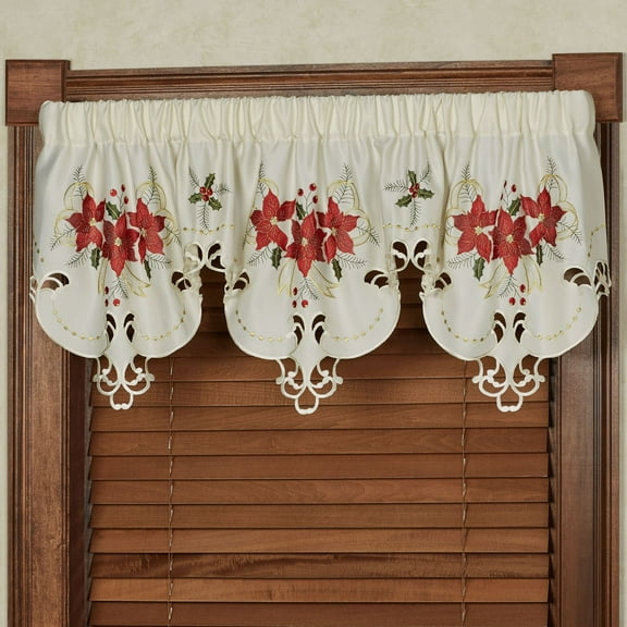 Poinsettia Palace Embroidered Light Cream Scalloped Window Valance 72 x 22 Inches