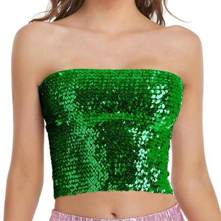 WNEGSTG Carnival Corset Tops  Sequin Sleeveless Crop Tube Top Fashion Mardi Holiday Womens Sparkling Sequins Stretch Party Clubwear Top  Green