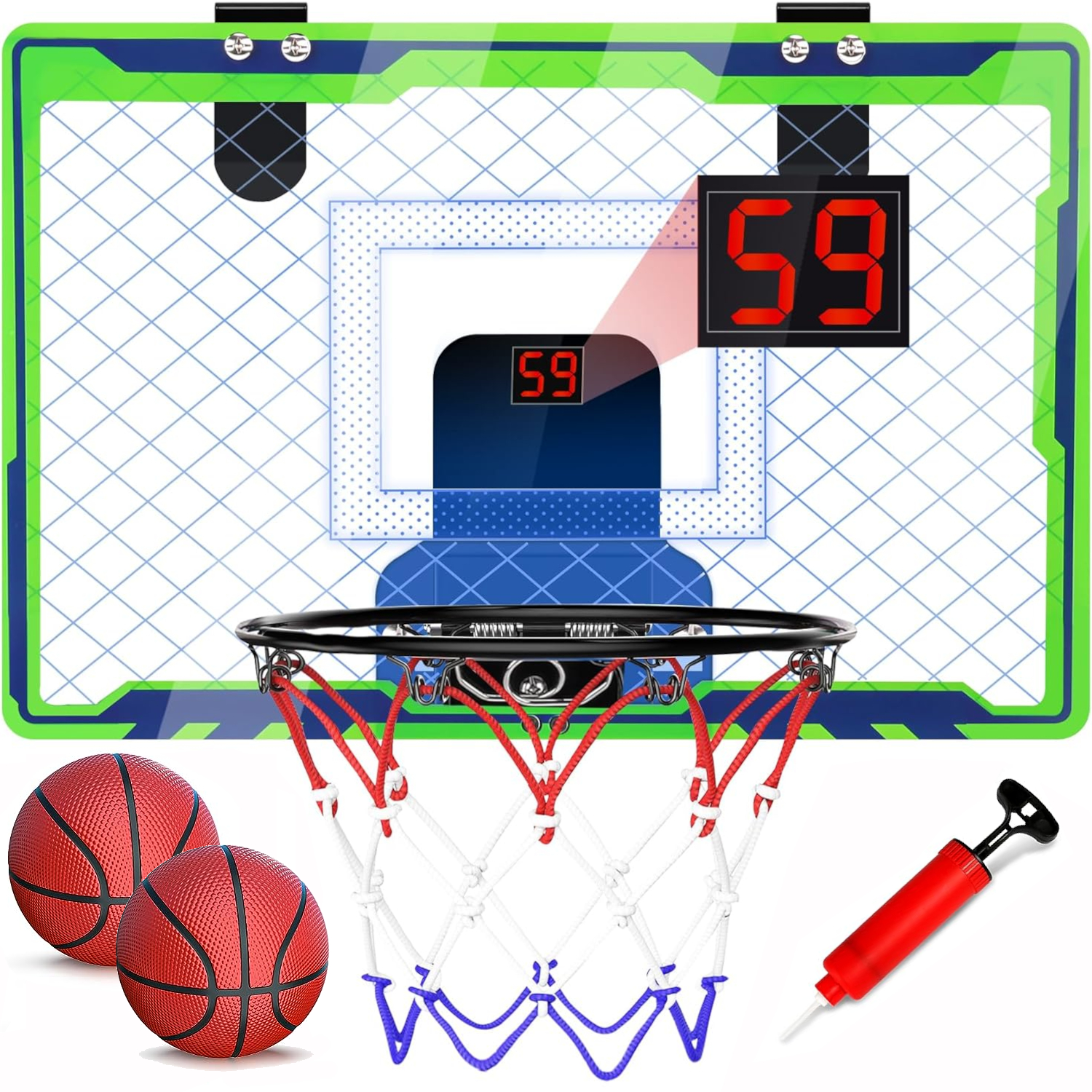 POCO DIVO Over The Door Basketball Hoop, Mini LED Lights 3-Mode Scoreboard, Kids Cheerful Game 2 Balls Set, Indoor Mounting Classic Sports, Boys Girls Room Toy Gift Adult Office Party Play, Green
