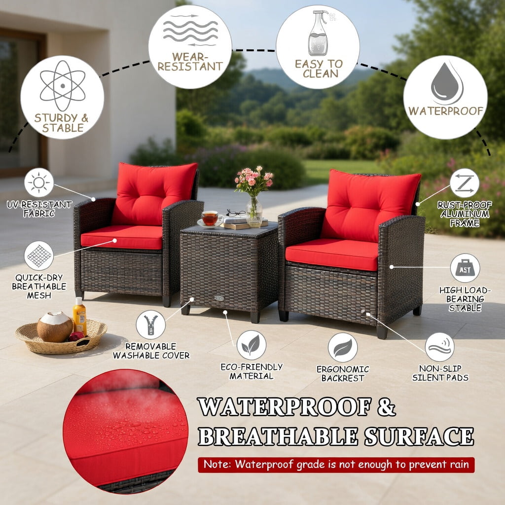 Hommoo 3-Piece Outdoor Rattan Patio Furniture Set with Cushions, Wicker Conversation Set Including 2 Armchairs & Coffee Table with Tempered Glass Top, Red