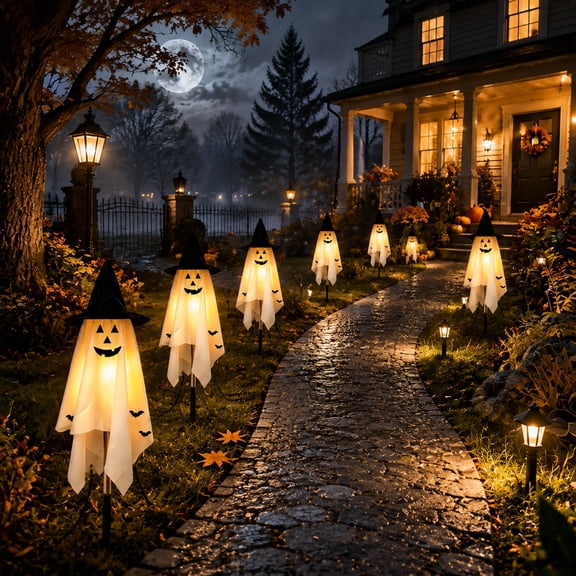 6 Pack Halloween Solar Ghost String Stake Lights, 26 Inch White Cloth Ghost Pathway Lights, Outdoor LED Yard Garden Decorations for Lawn Porch Walkway Party Holiday Decor