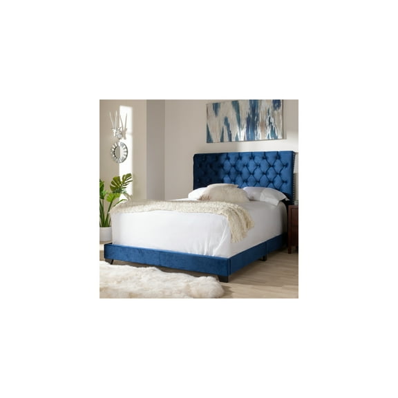 Navy Velvet King Size Bed - Tufted Upholstered Headboard with Nailhead Detail