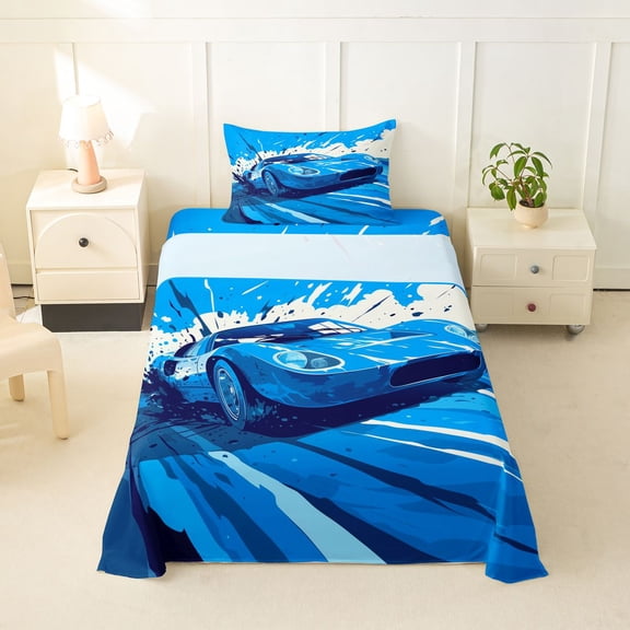 Castle Fairy Racing Style Blue Sports Car Twin Sheet Sets 3pcs for Boys, Dynamic Splash Art Bedding for Bedroom, Vibrant Blue