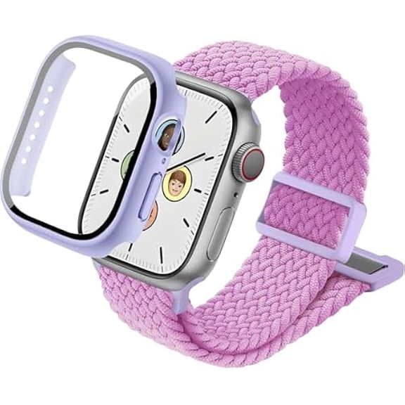 Compatible with Kids Apple Watch Band and Case 38mm 40mm 41mm 42mm 44mm 45mm, Nylon Elastic Solo Loop and Protective Cover with Screen Protector for iWatch Series 9 8 7 SE3 SE2 SE 6 5 4 3 2 1
