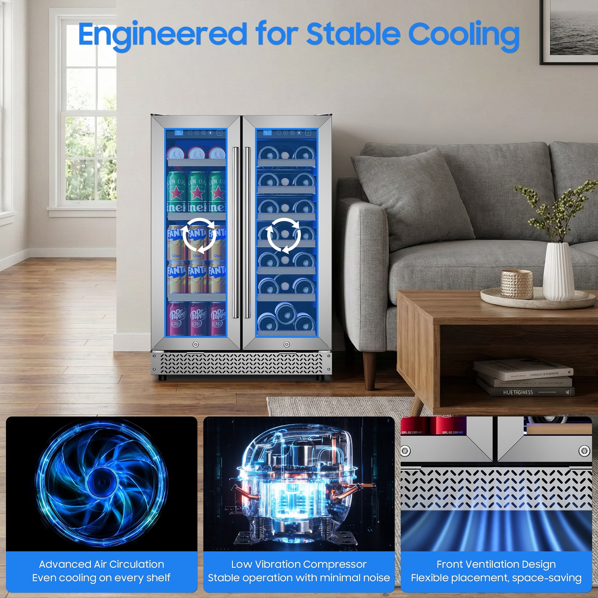 AVAHUM 24 Inch 21-Bottle & 88-Can Dual Zone Wine and Beverage Refrigerator, Under Counter Built-In Fridge, Round Handle