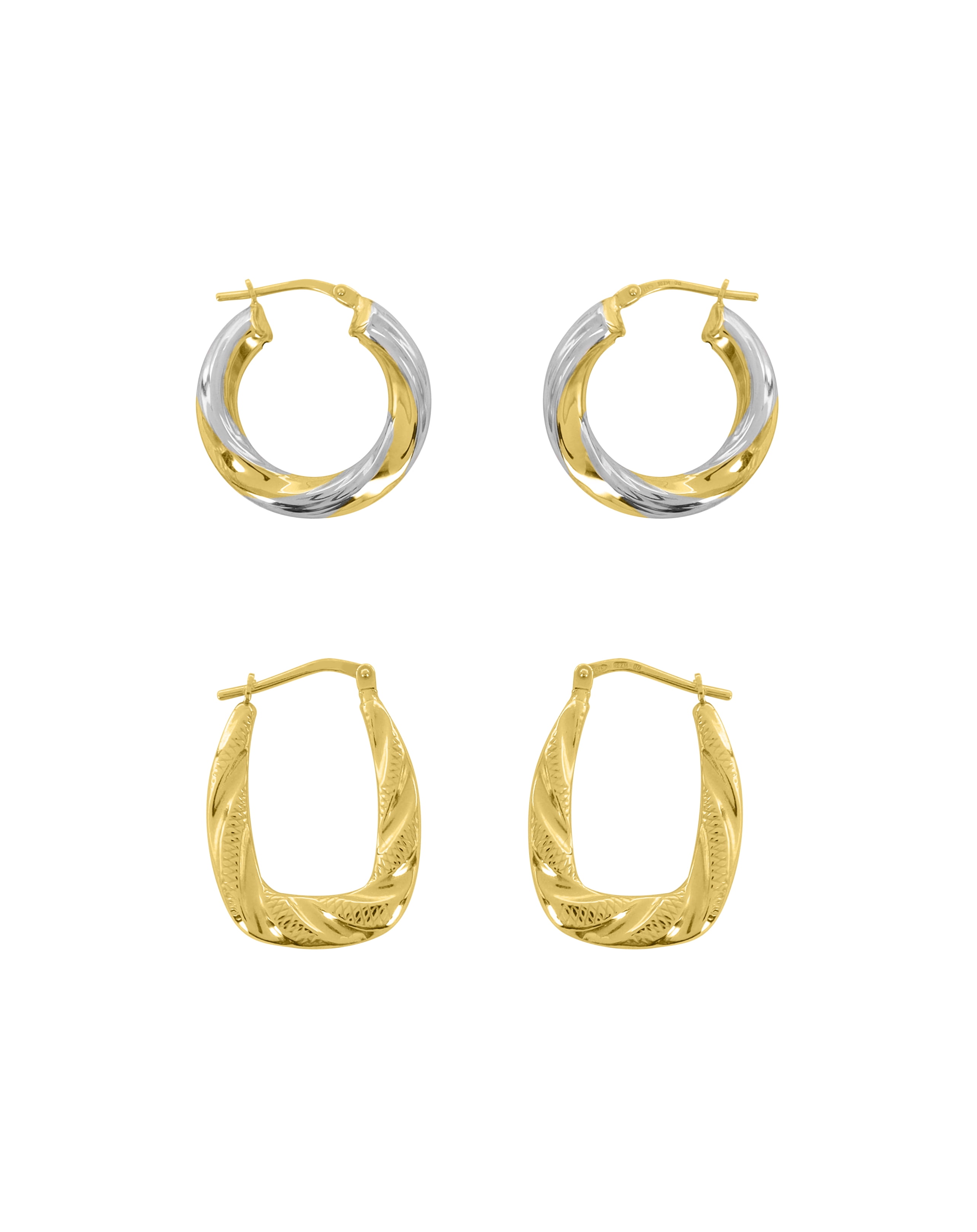 Brilliance Fine Jewelry 14K Gold Plated Sterling Silver Textured and Swirl Hoops Adults Earrings Set
