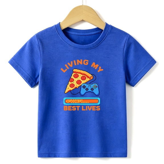 Boys Graphic Tees Pixel Pizza Kids T Shirt Gamer Life 100% Cotton Short Sleeve Soft Tops 4-13Y Blue