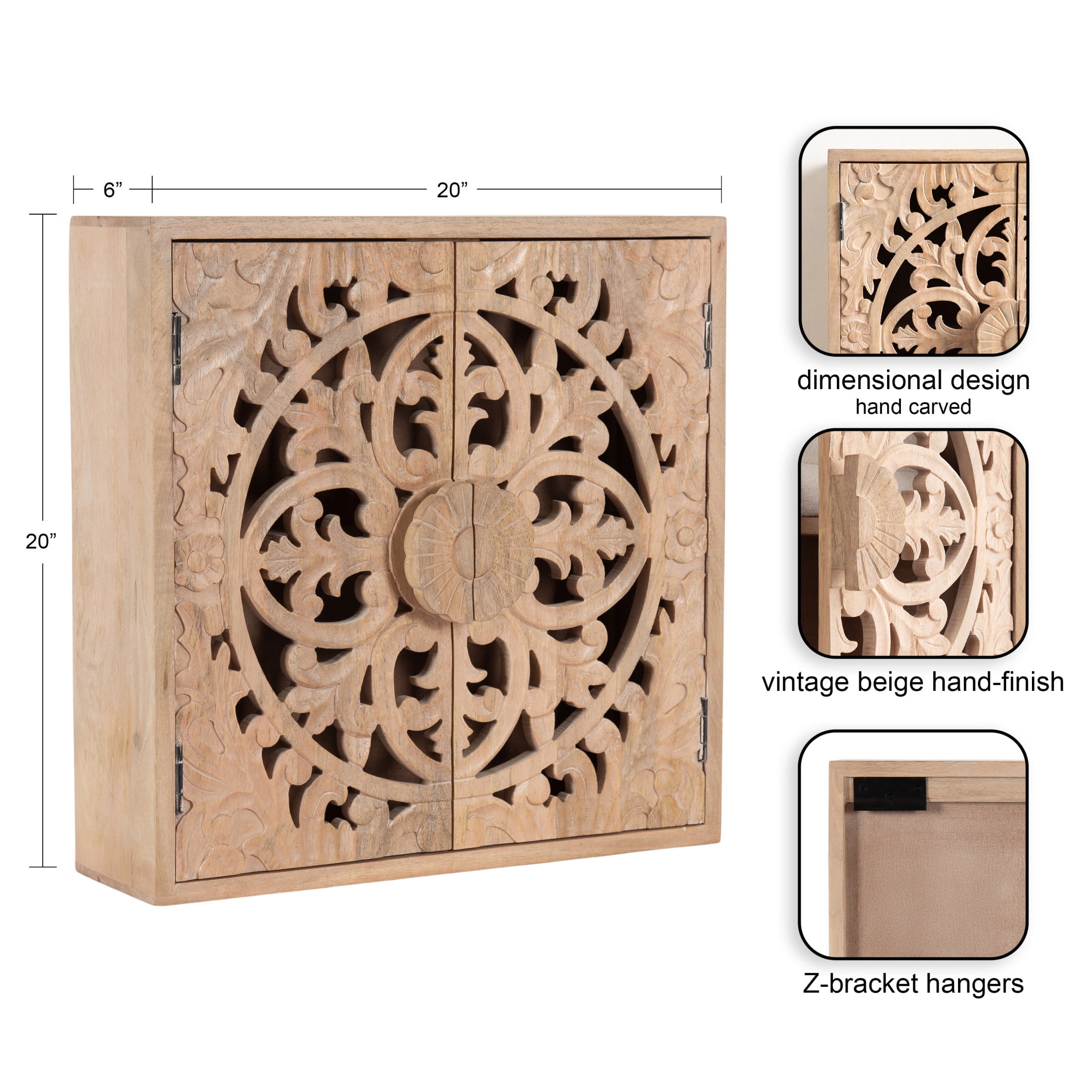 Kate and Laurel Saanvi Traditional Carved Wood Wall Cabinet, 20 x 6 x 20, Light Natural, Dimensional Over the Toilet Storage Cabinet for Bathroom Storage and Display