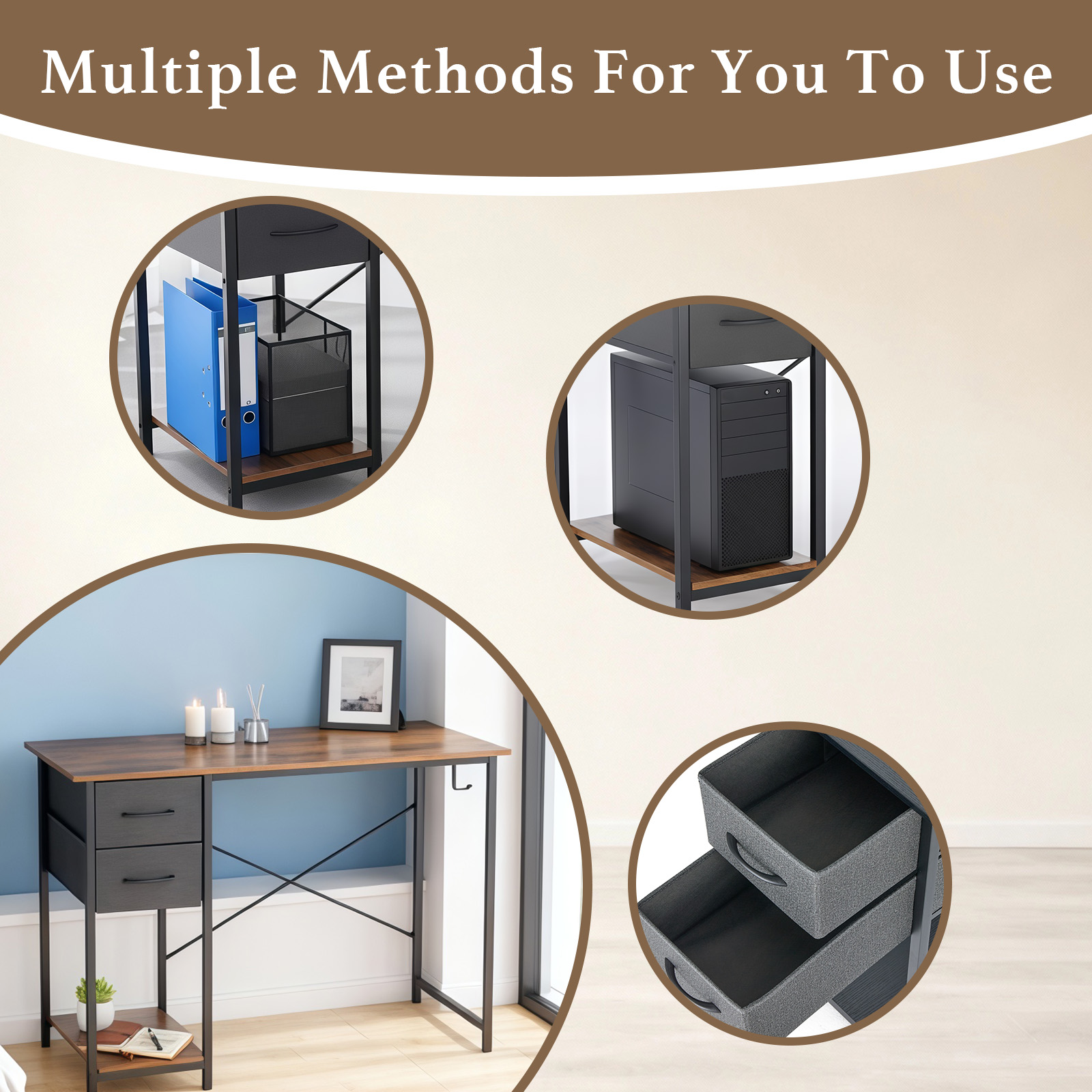 MCQ 40 Inch Computer Desk with Drawers for Home Office, Writing Desk with X-Shaped Reinforcement, Wood Table with Adjustable Position Drawers, Modern Study Work Table with Side Hook, Black Wood