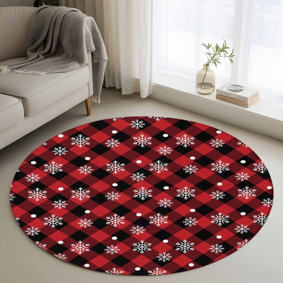 Christmas Snowflake Round Rug 3ft Washable Circle Entryway Rugs Non Slip Xmas Red Black Plaid Winter Area Rug Indoor Floor Carpet for Bedroom Kitchen Living Room Home Office Dining Room Nursery