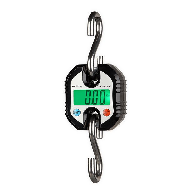 Báscula Colgante Digital WH-C100 de Alta Precisión, 150kg, Acero Inoxidable, Pantalla LCD con Luz Verde, Funciones de Tara y Bloqueo Automático, Ideal para Uso Industrial y Doméstico, Color Negro,
