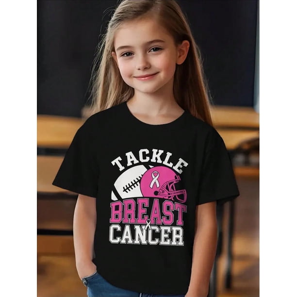 Children'S "Tackle Breast Cancer Awareness" American Football Graphic T-Shirt - Black With Pink & White Design, 180g/㎡, Casual Crew Neck, Soft Knit Fabric, Perfect For Casual Attire, Everyday Tshirt