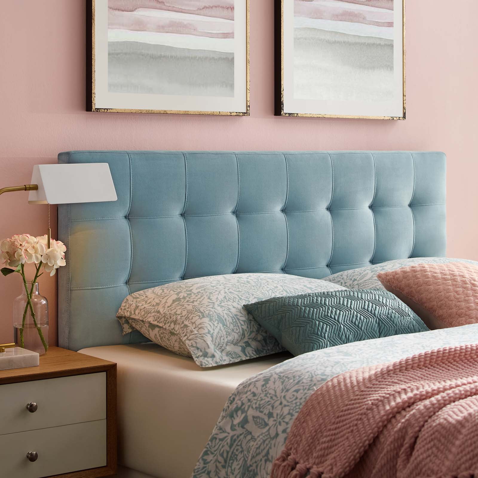 Contemporary Modern Urban Designer Bedroom Queen Size Tufted Headboard, Velvet Fabric, Light Blue