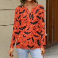 thumbnail image 4 of WTOBBY Women's Halloween Bat & Pumpkin Print V Neck Button Detail Long Sleeve T Shirt, Casual Graphic Tee Top for Daily Wear, Fall Comfort Shirt,Vermilion L, 4 of 4
