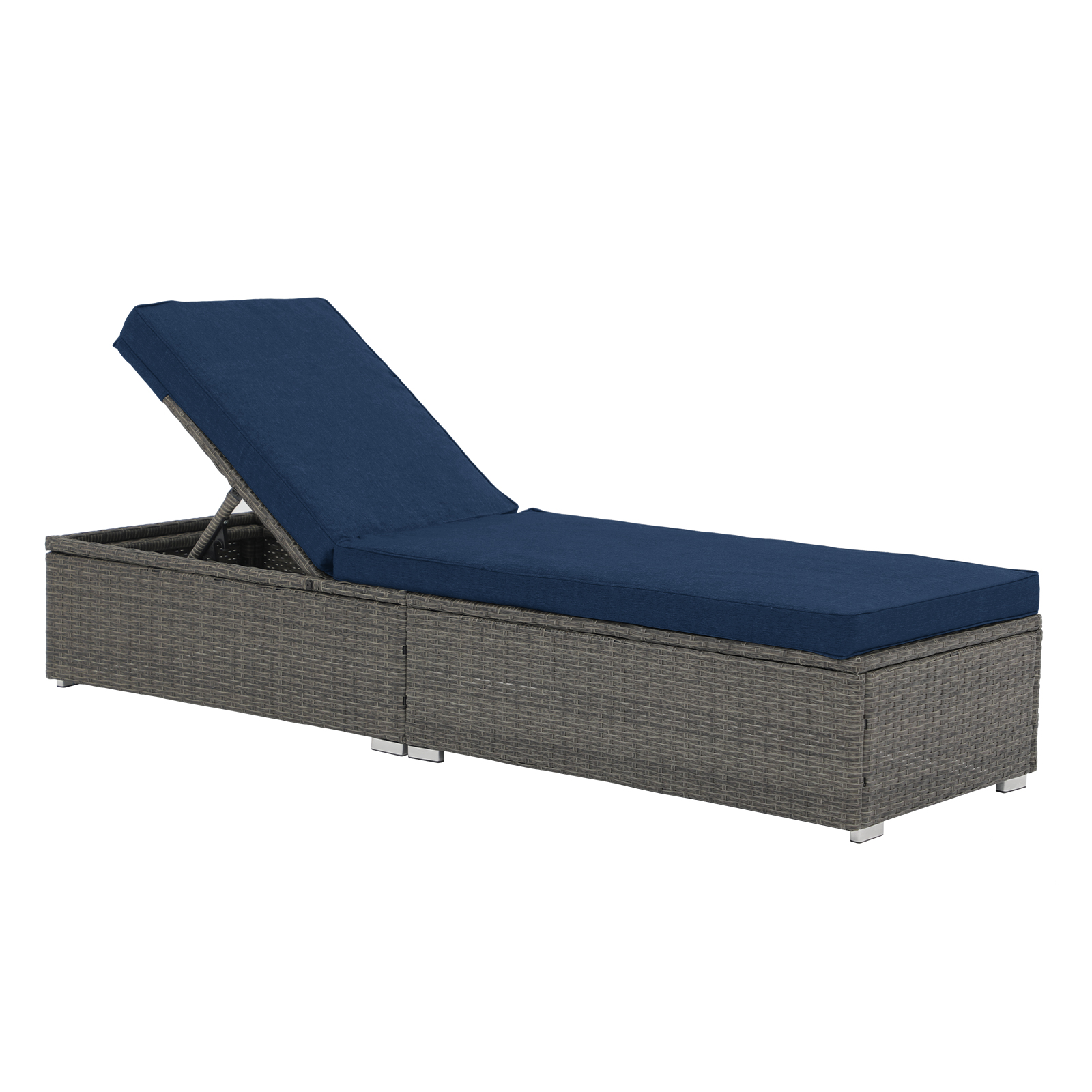 JOIVI Outdoor Chaise Lounge Chair, Patio Reclining Sun Lounger, Gray Wicker Rattan Adjustable Lounge Chair, Steel Frame with Removable Navy Blue Cushions, for Poolside, Deck and Backyard, 1 Pack - image 2 of 8