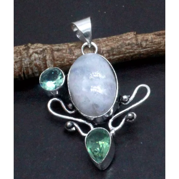 925 Sterling Silver Moonstone & Amethyst Gemstone Jewelry Pendant Size-2.10"