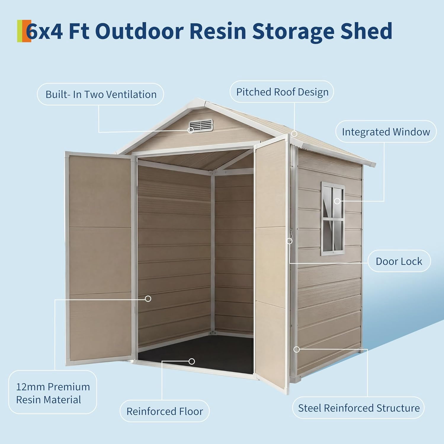 6x4 FT Outdoor Storage Shed with Floor, Plastic Resin Garden Shed with Window & Sloping Roof & Lockable Door for Patio Backyard Garden, Lawn Mower, Bike, Tool Storage