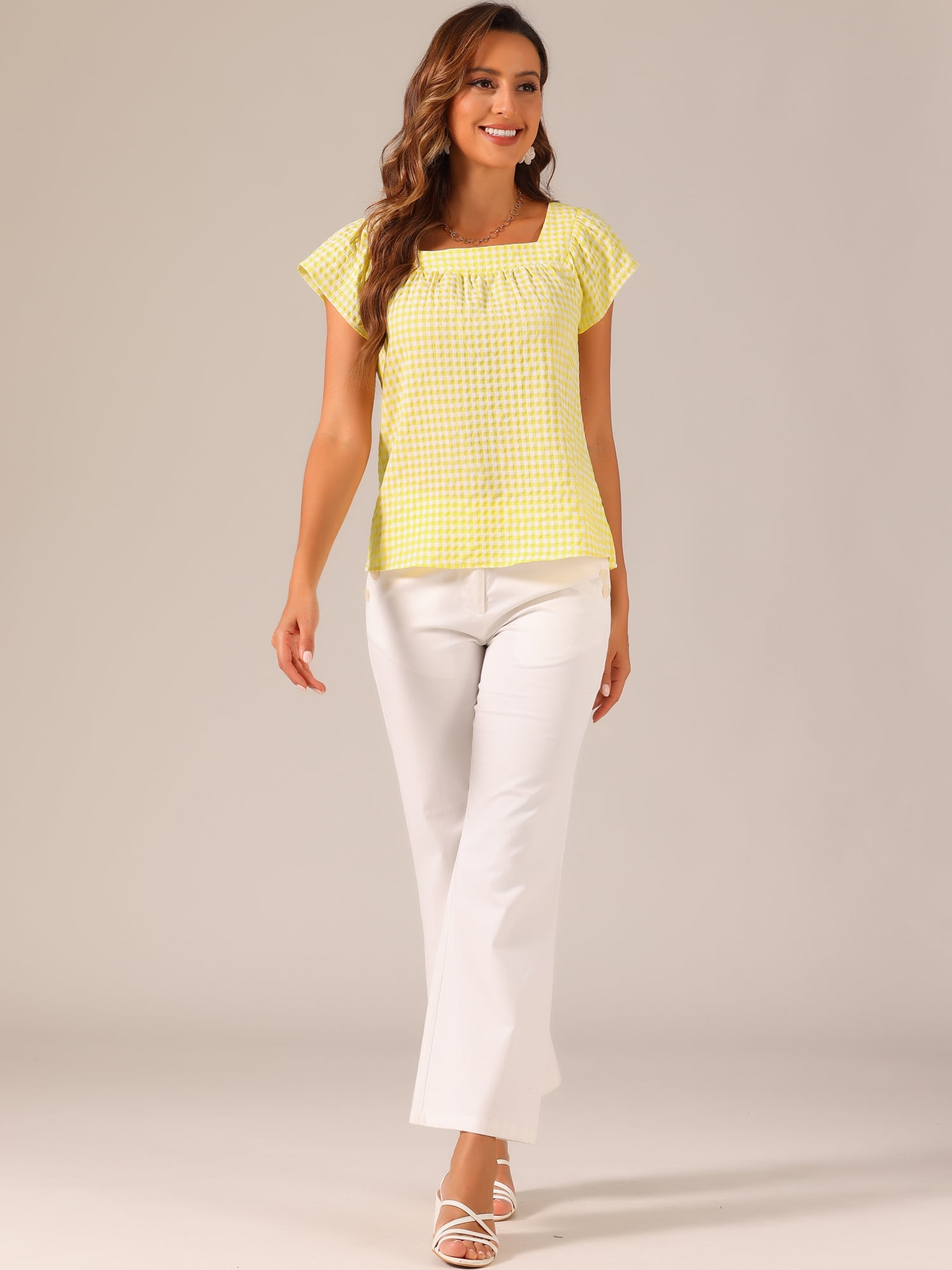 DARING DIVA Women's Summer Square Neck Gingham Cap Sleeves Blouses XS Yellow