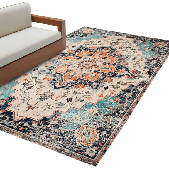 Orange Blue Area Rug 3x5 FT, Non Slip Entryway Bedside Carpet, Boho Geometric Middle Century Abstract Western Washable Soft Floor Carpet Indoor Mat Throw Rug for Dorm Kitchen Home Office