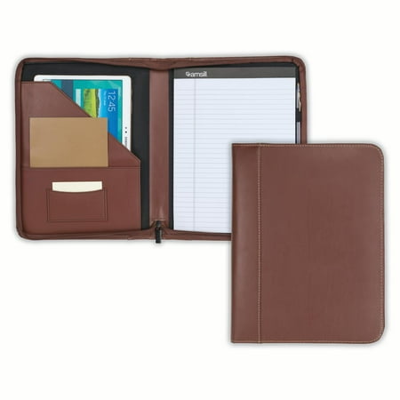 Samsill Contrast Stitch Leather Zipper Padfolio, 8.5"x11" Writing Pad Included, Brown