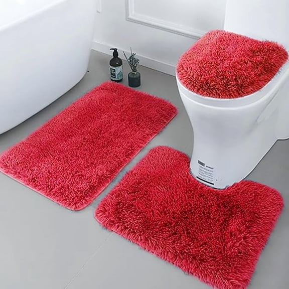 Soft Ultra-Fine Fiber Bathroom Carpet Set Of 3 Pieces, Anti Slip Bathroom Carpet, Bath Mat Base Mat Toilet Seat Cover, Red