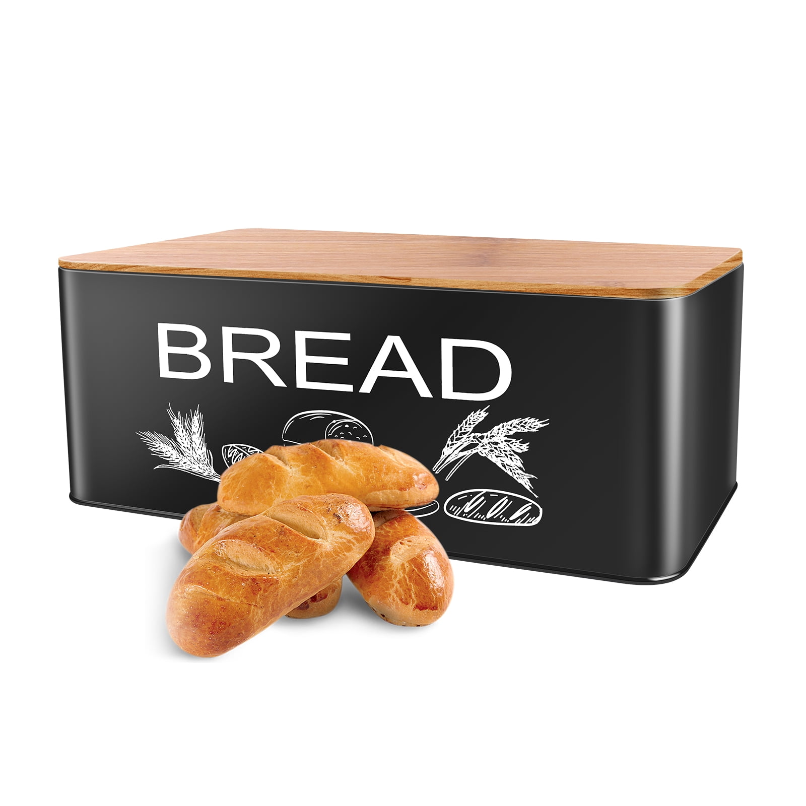 JIGUOOR Black Bread Box, Large Space Metal Bread Box with Wooden Cutting Board Lid, Farmhouse Bread Bins Kitchen Bread Storage 12.99" x 7.08" x 4.72"（L Size）