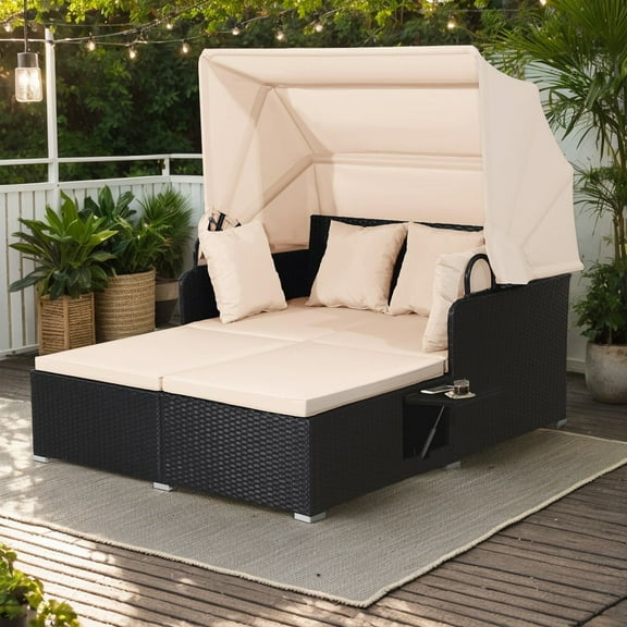 Resenkos Outdoor Patio Daybed,Patio Rattan Daybed with Retractable Canopy and Side Tables-Beige