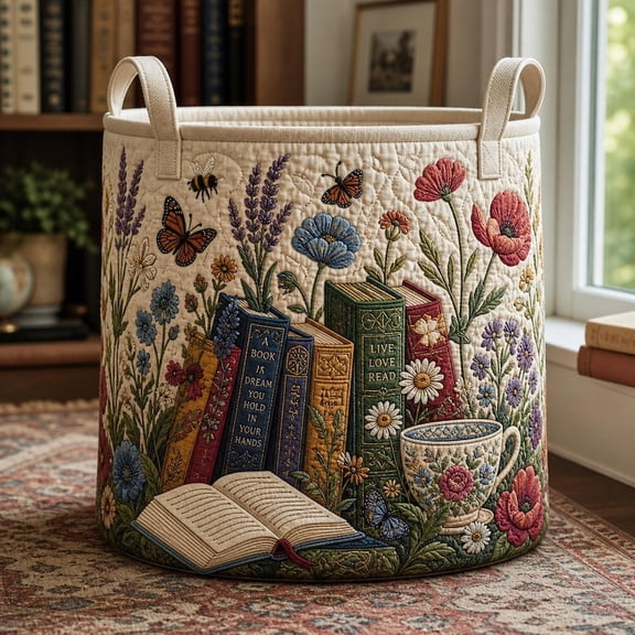 Bookish Garden Quilted Laundry Basket: Bookish Hamper, Book Lover Storage Bin