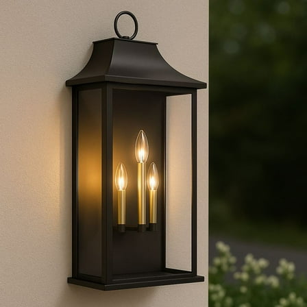 Lawyettle 3-Light 25" Outdoor Wall Lantern with Dusk to Dawn Sensor, Black Exterior Light with Glass for Porch, Patio, Entryway & House