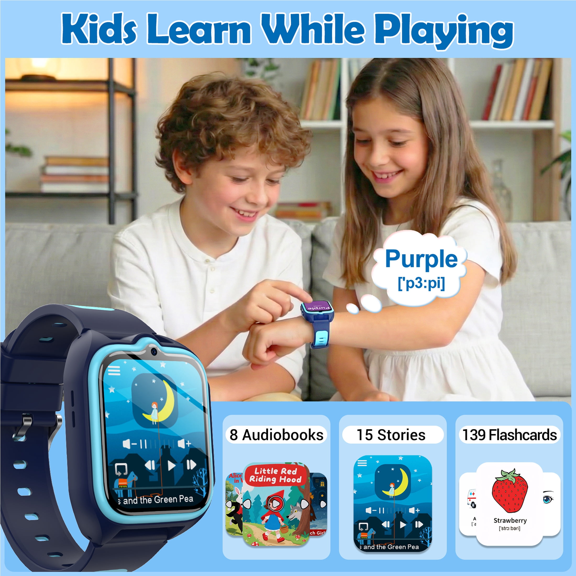 Blackview Kids Smart Watch for Boys Girls, 1.75" HD Touch Screen, 32 Educational Games, Music Player, Habit Tracker, Pedometer, IP68 Waterproof, Alarm Calculator, Gift Idea (Blue)
