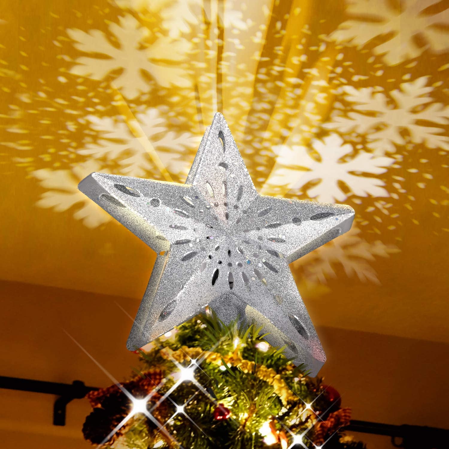 HAWEE Christmas Tree Topper Lighted LED Rotating White Snowflake