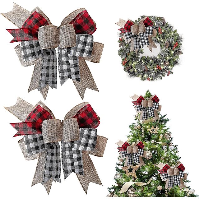Arco de adorno de árbol de Navidad, lazo decorativo de arpillera a cuadros de búfalo, serpentina roja y negra, lazo de decoración de adorno