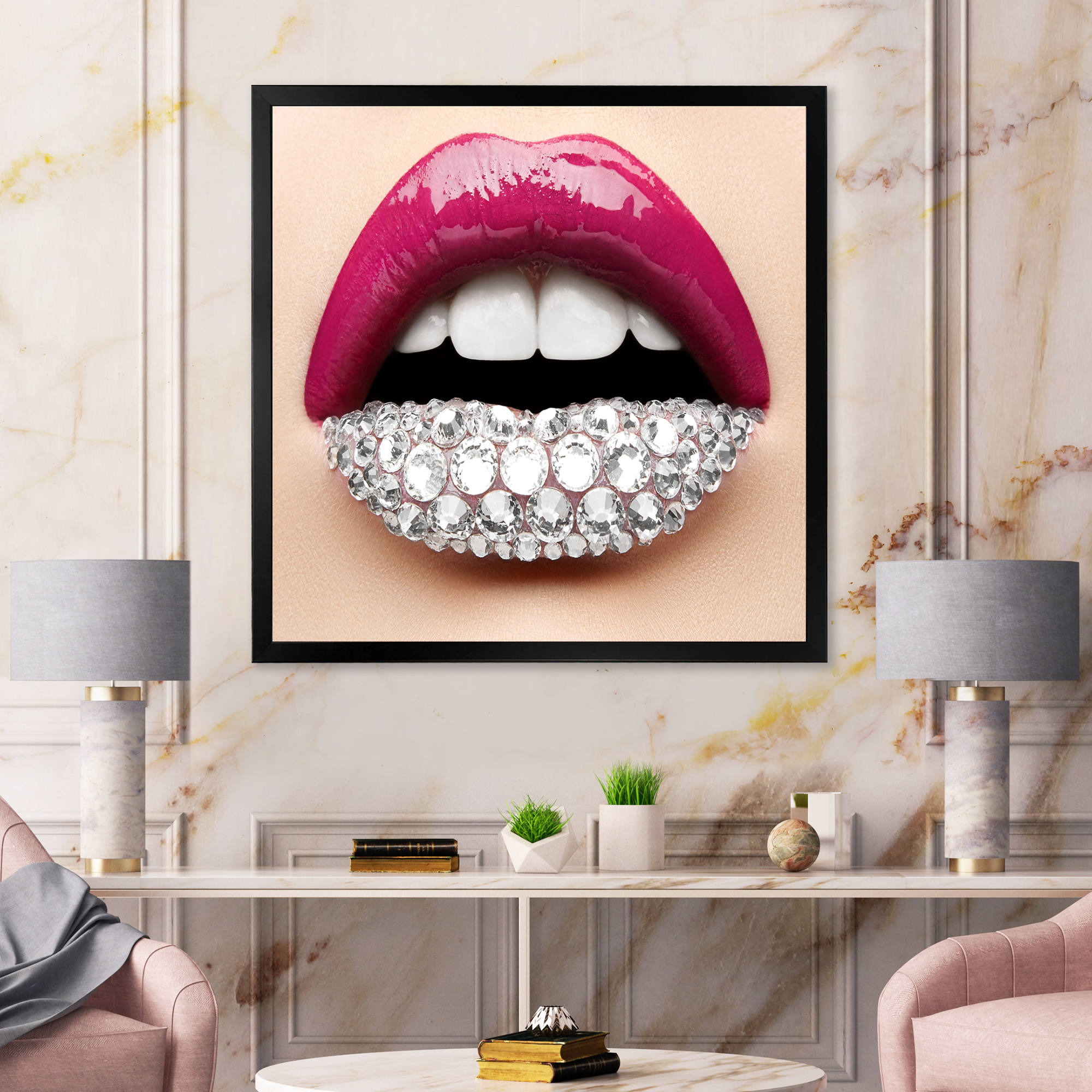 Designart 'Girl Lips With Pink Lipstick White Diamonds' Modern Framed Art Print