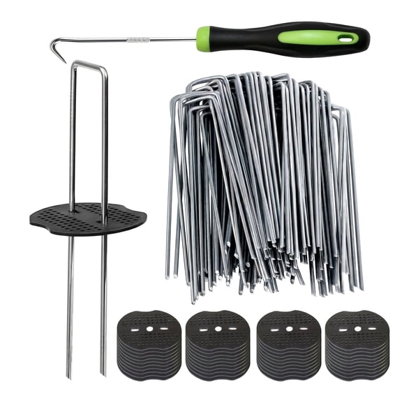 50 Pack Landscape Staples   50 Gaskets – 6 Inch Garden Stakes, 11 Gauge U Shaped Galvanized Lawn Landscape Pins, Heavy Duty Ground Stakes for Weed Barrier, Sod Fabric, Outdoor Decor