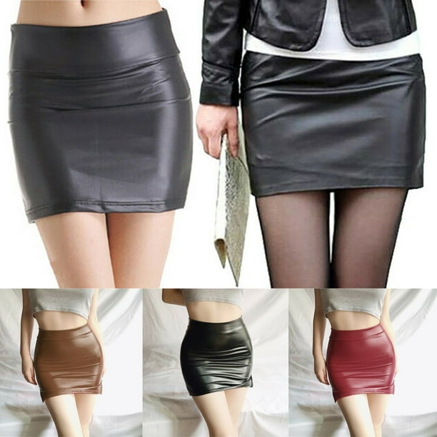 Lefu Womens Black PU Leather High Waist Tight Zip Stretch Mini