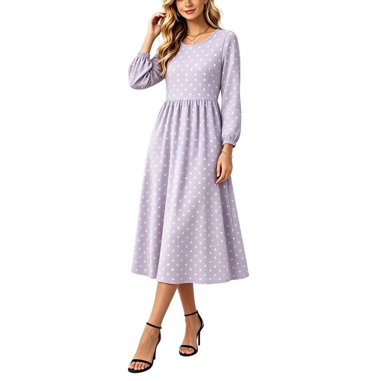 long sleeve midi dress flowy Ahabrexf for Women, Round Neck Polka Print A Line Casual Beverage Length Dress, Soft Stretch All Season Wedding Guest Daily Dress size-us-6